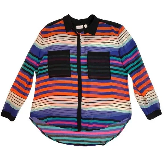 Bisou Busou Blouse Womens XL Colorful Bright Stripes Sheer Button Up Shirt - Picture 1 of 9